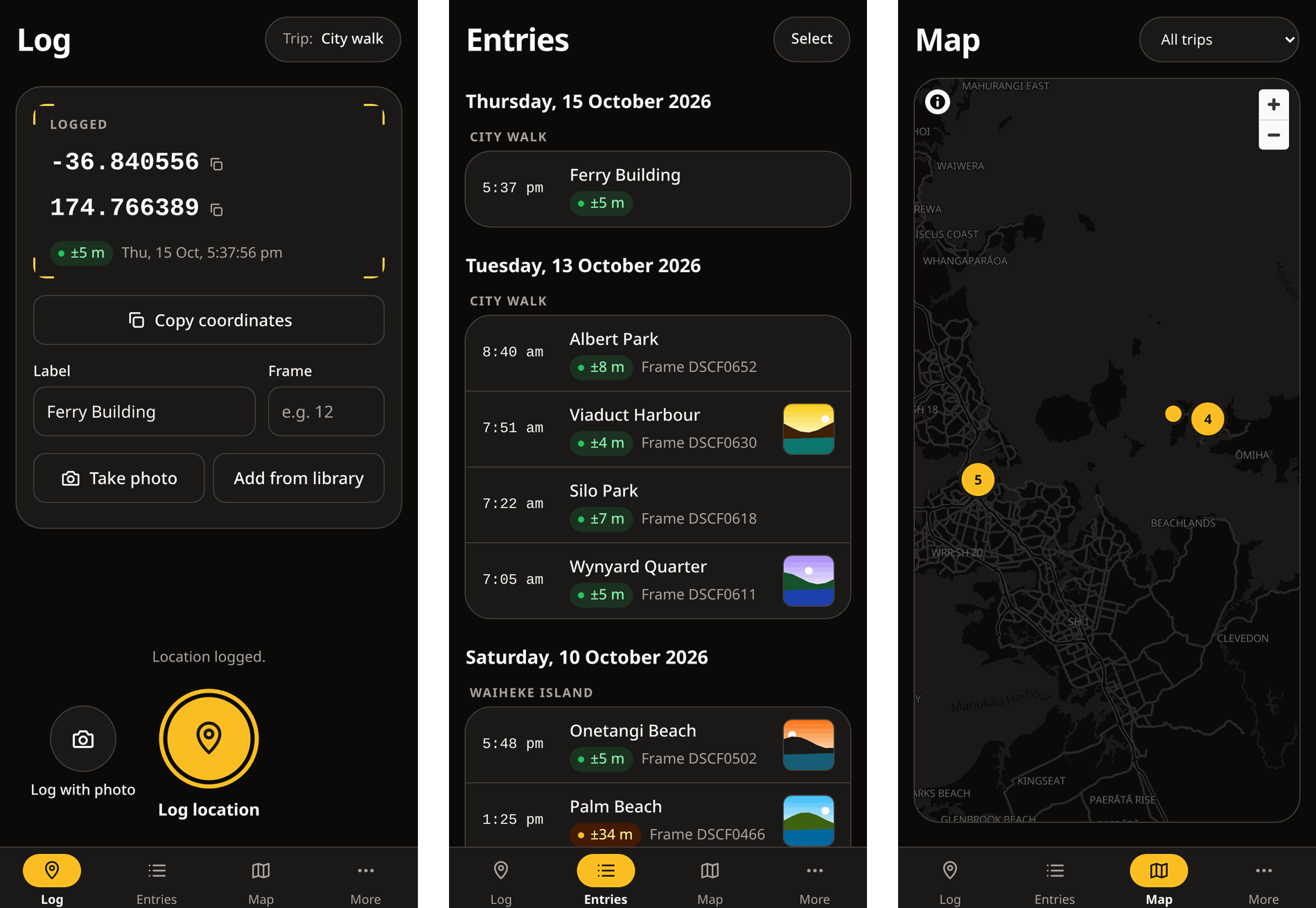 Hotshoe on a phone: a location just logged with its accuracy and a label, the entries grouped by day and trip with photo thumbnails, and a map of every entry